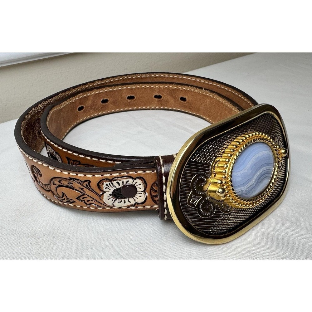 Custom‎ Tooled Leather Western Belt Blue Lace Agate Gold Buckle Barbara Tan 30